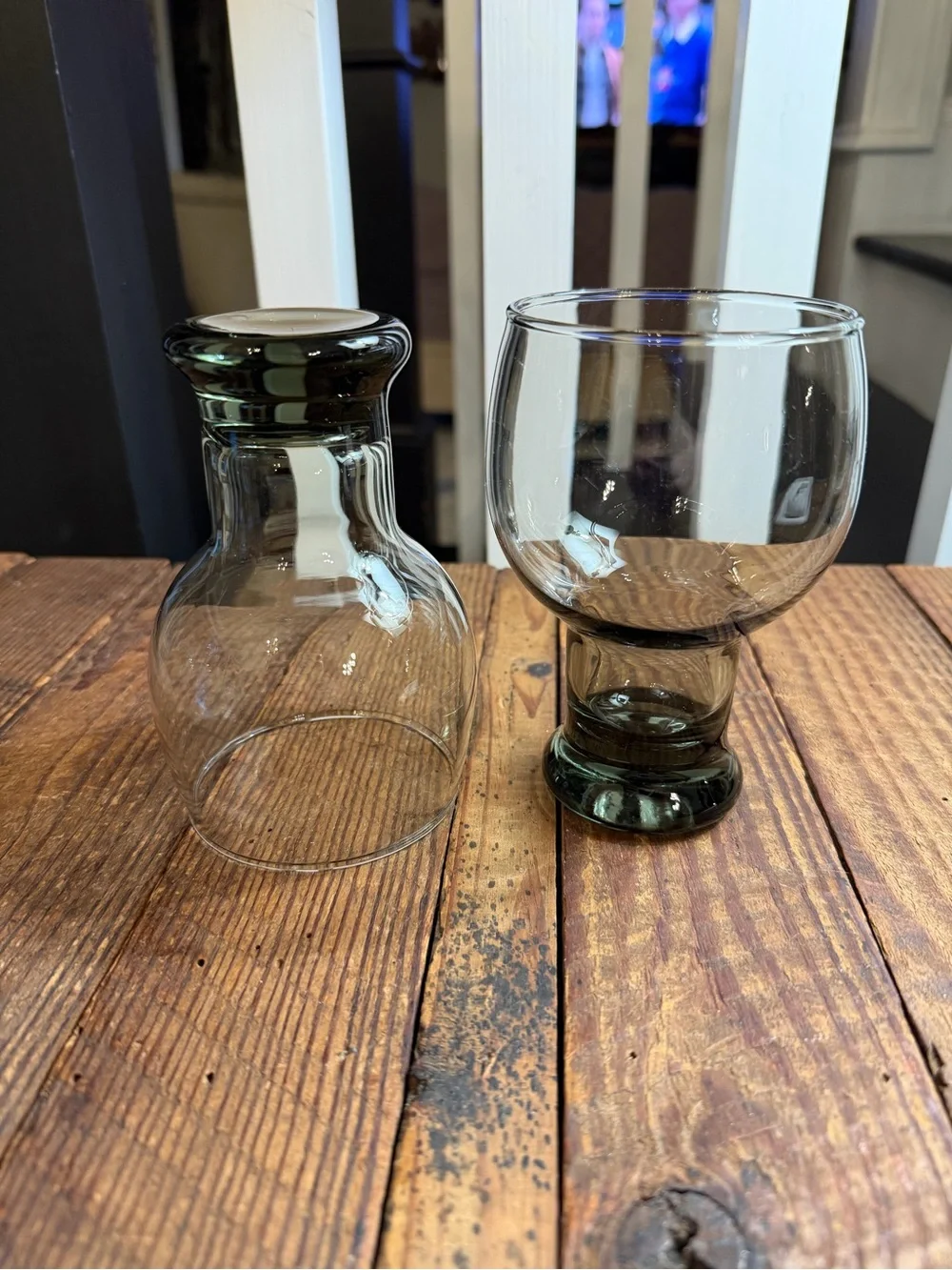 Pair of vintage MCM Libbey Stax smoke gray pedestal glasses